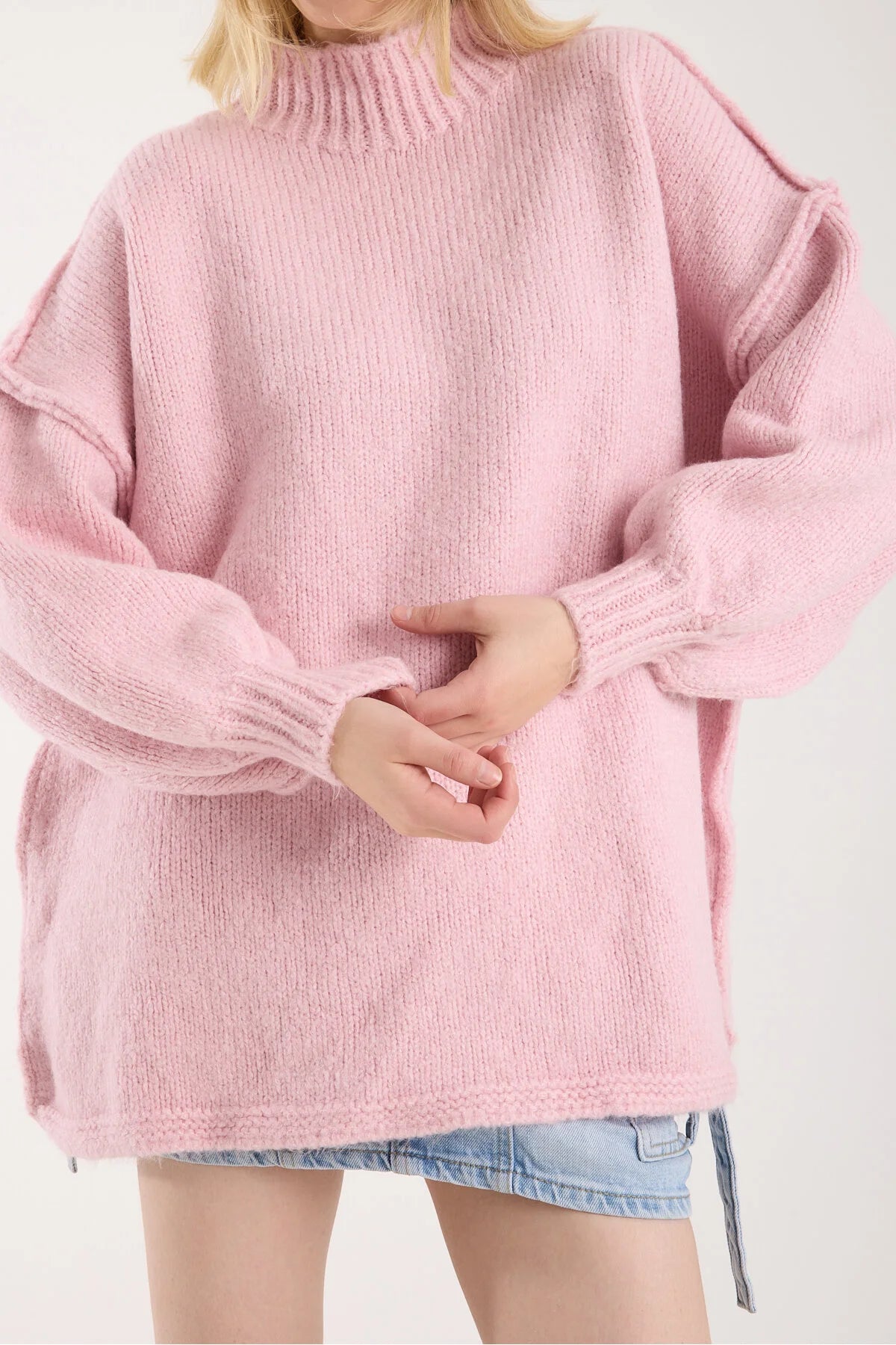 Yumoş ip ters dikiş oversize kadın kazak dik yaka 6513