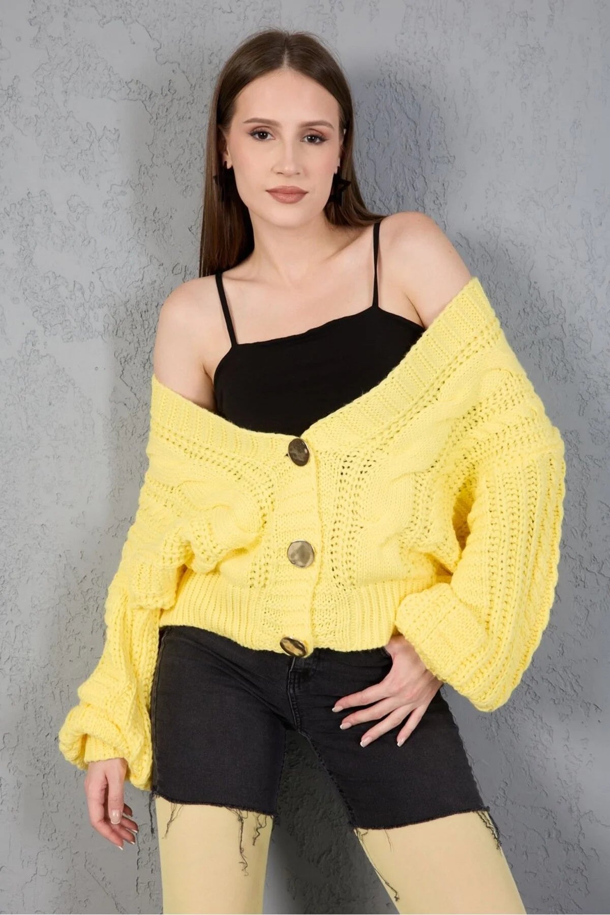 Kadın Triko Hırka Kazak V Yaka Düğmeli Kalın Yumuşak Şık Trend 3536