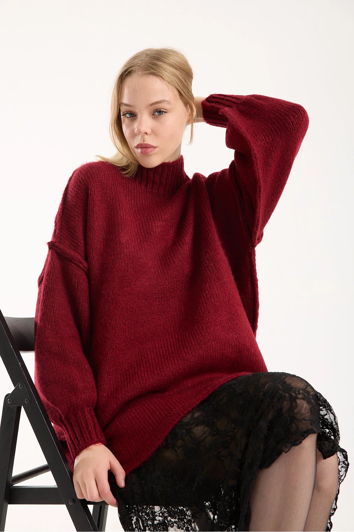 Yumoş ip ters dikiş oversize kadın kazak dik yaka 6513