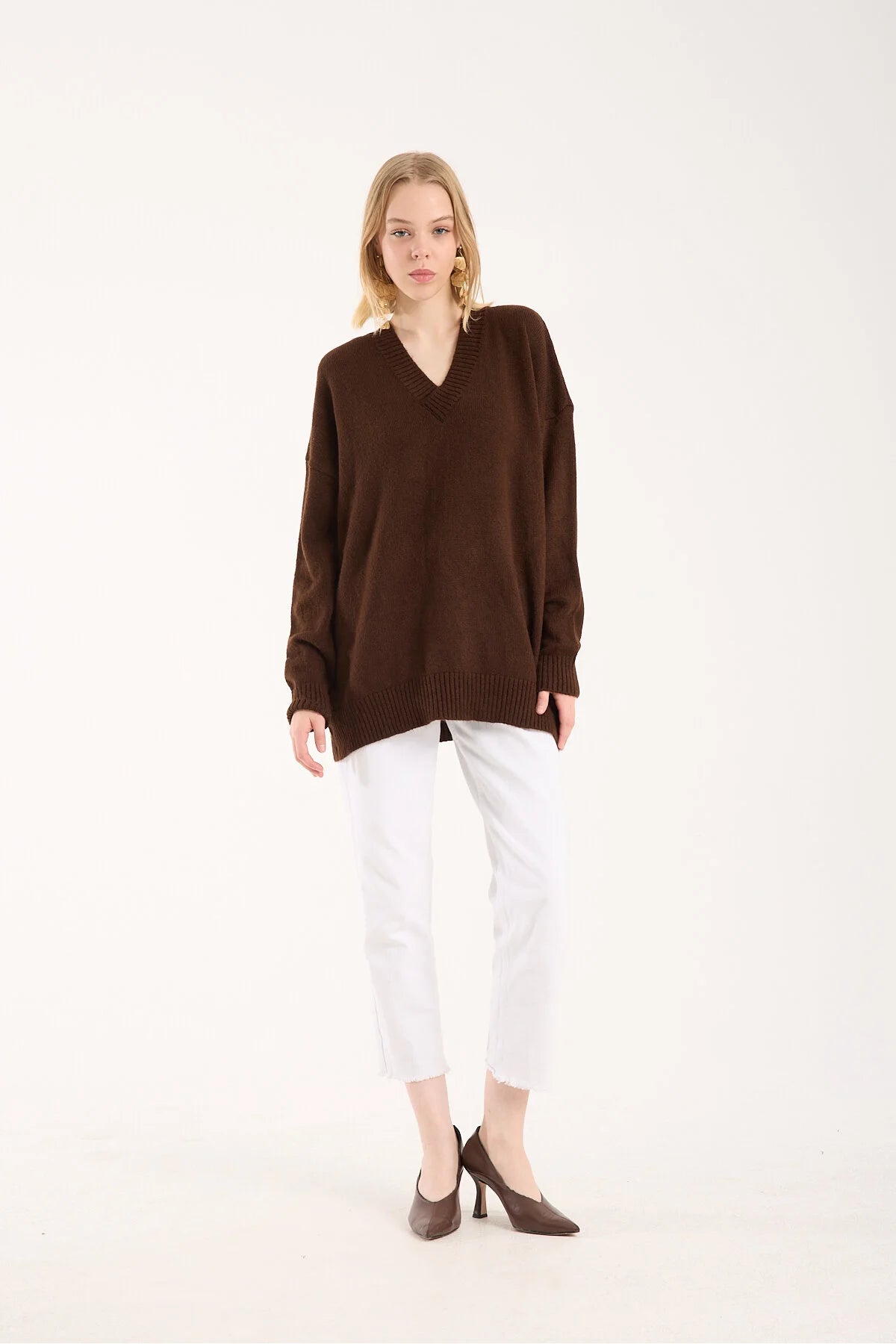 Yumoş ip oversize kadın kazak geniş yaka 6515