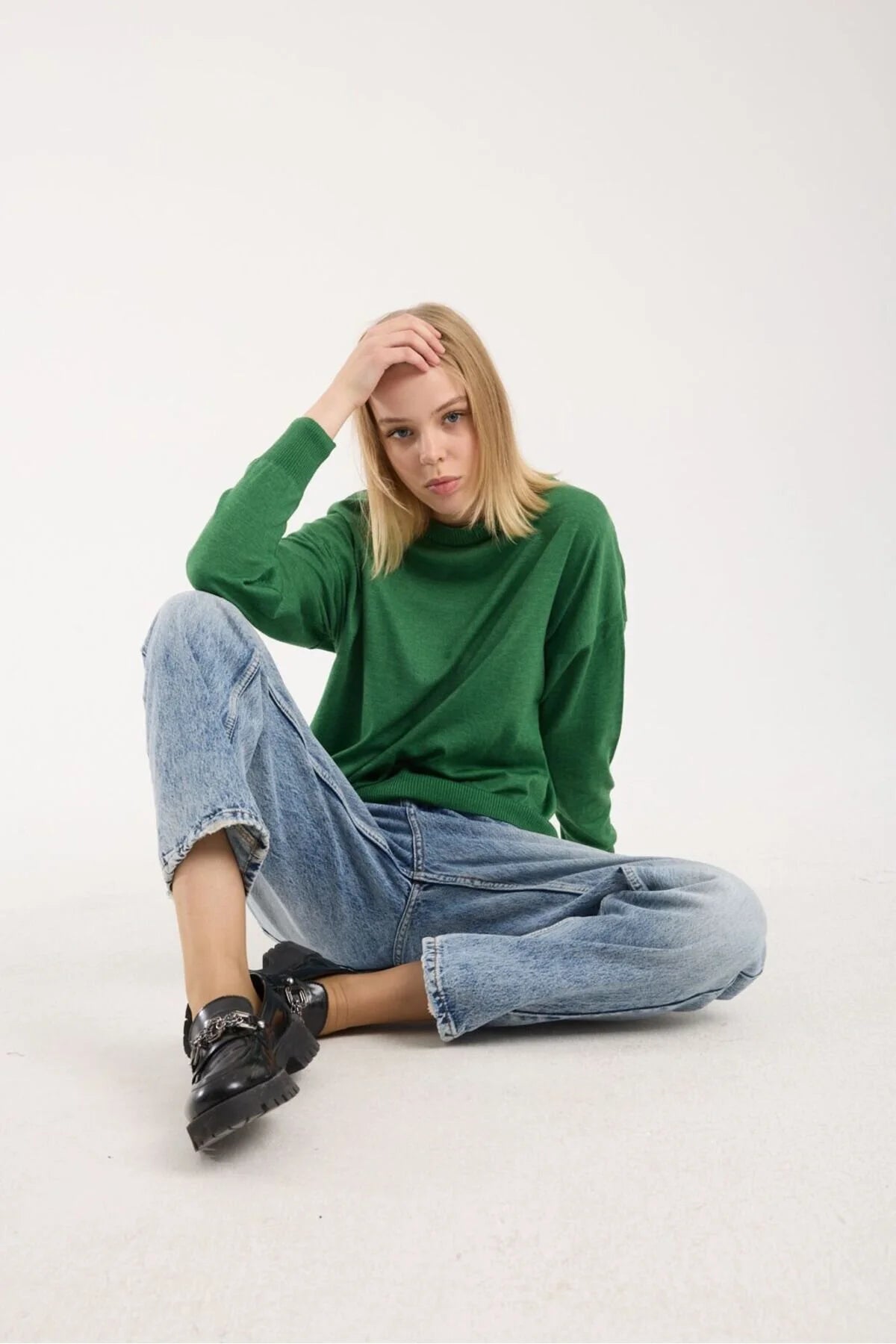 Kadın triko kazak yumuşak doku bisiklet yaka basic 3519