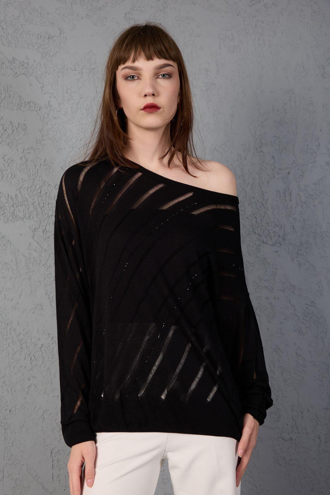 Kadın triko kazak yumuşak doku viskon ip geniş yaka 3514