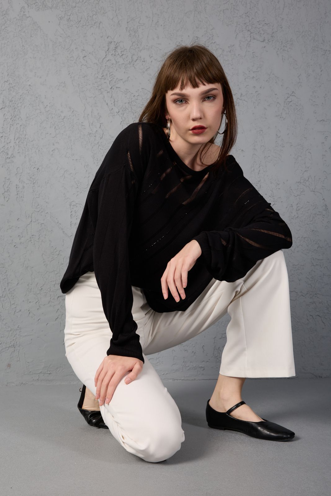 Kadın triko kazak yumuşak doku viskon ip geniş yaka 3514