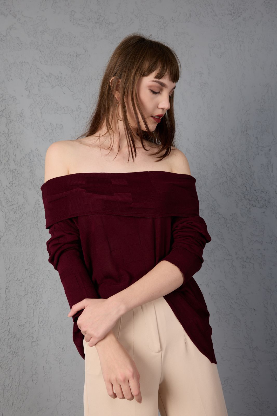 Kadın Triko Kazak ince Merserize Omuzu Açık Trend Sokak Stili 3517