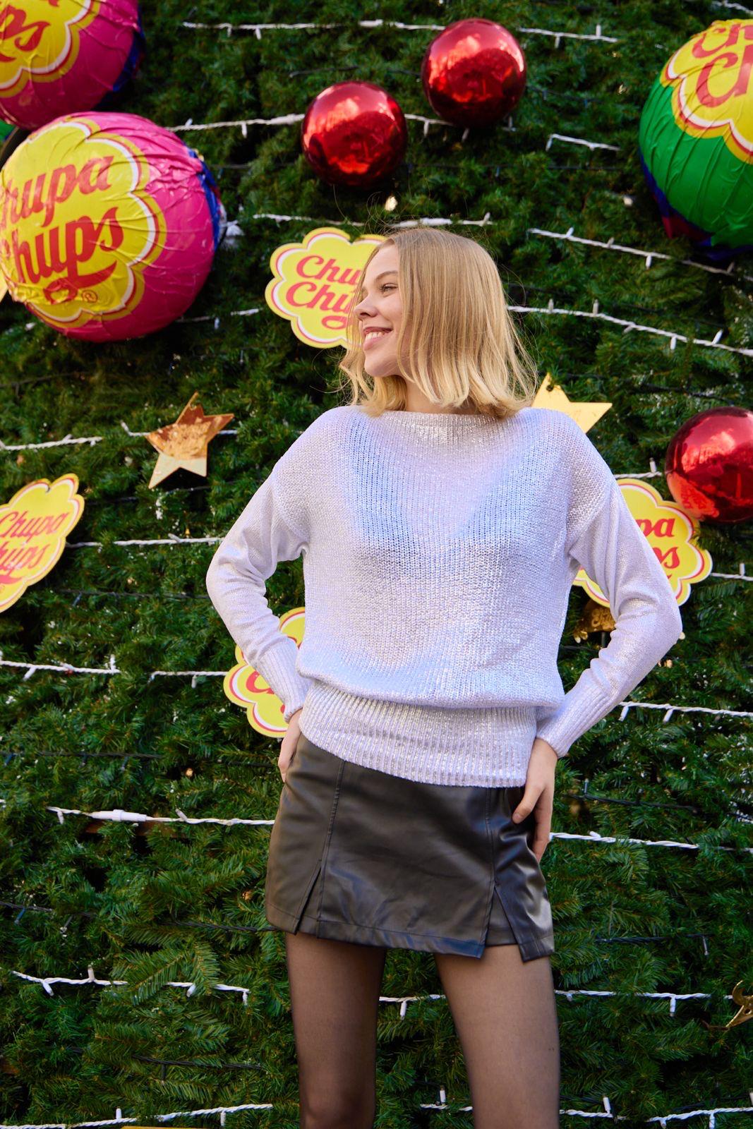 Kadın kazak parlak varak baskı ışıltılı triko Uzunkol şık kazak 3523