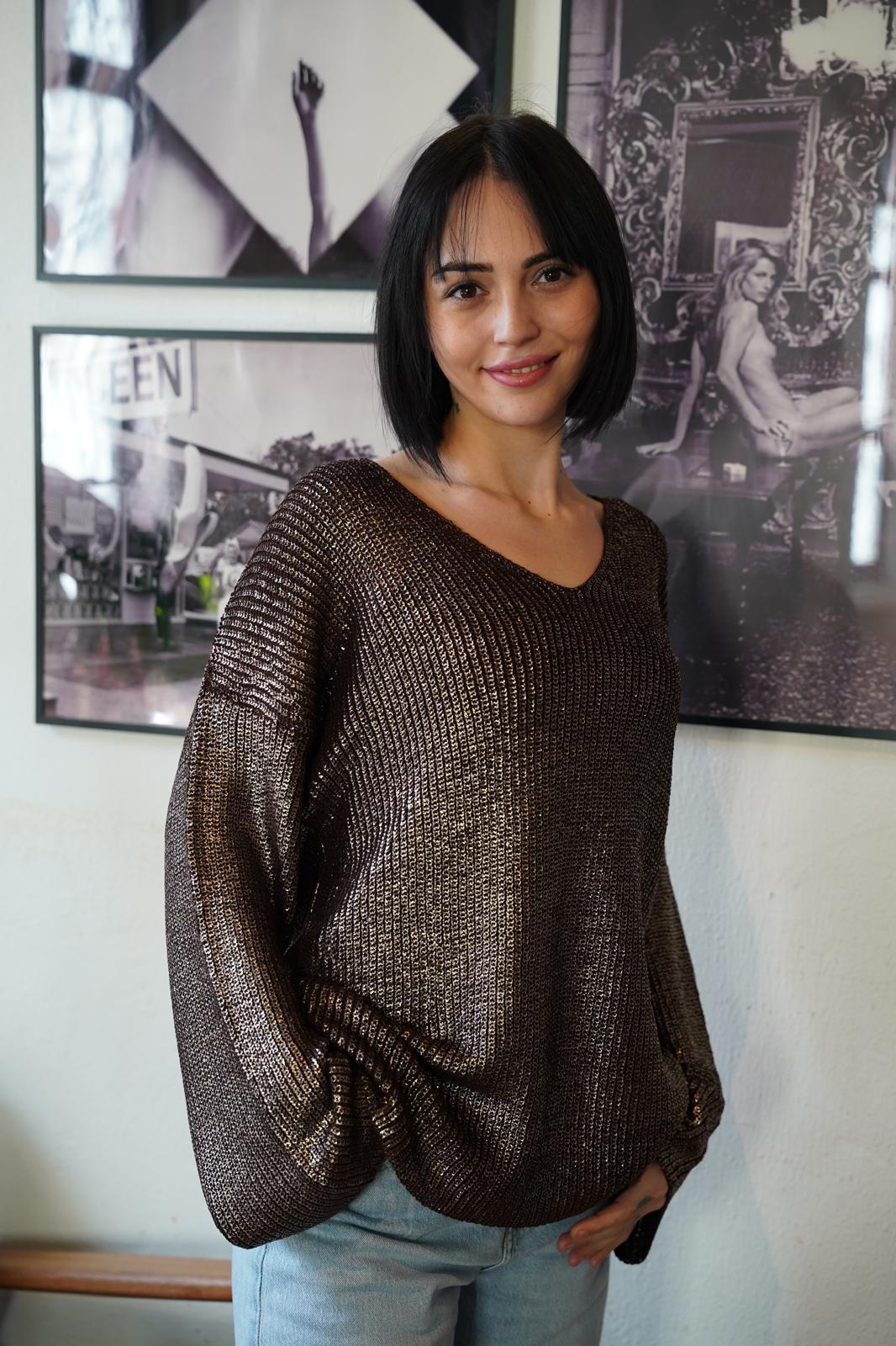 Kadın Triko Kazak Varak Kaplama Yeni Yıl Işıltılı V Yaka Parlak Uzun Kazak 3524