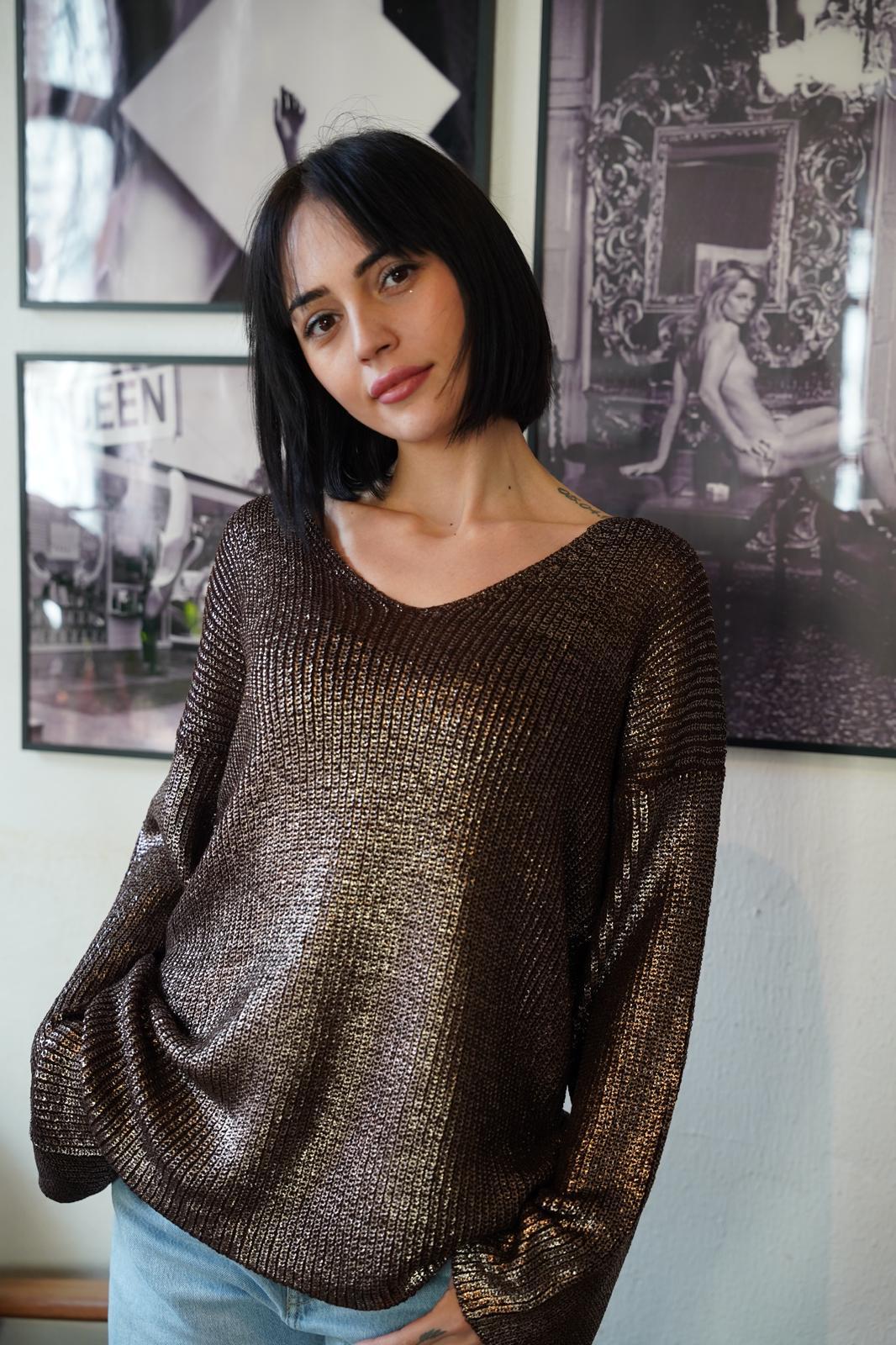 Kadın Triko Kazak Varak Kaplama Yeni Yıl Işıltılı V Yaka Parlak Uzun Kazak 3524