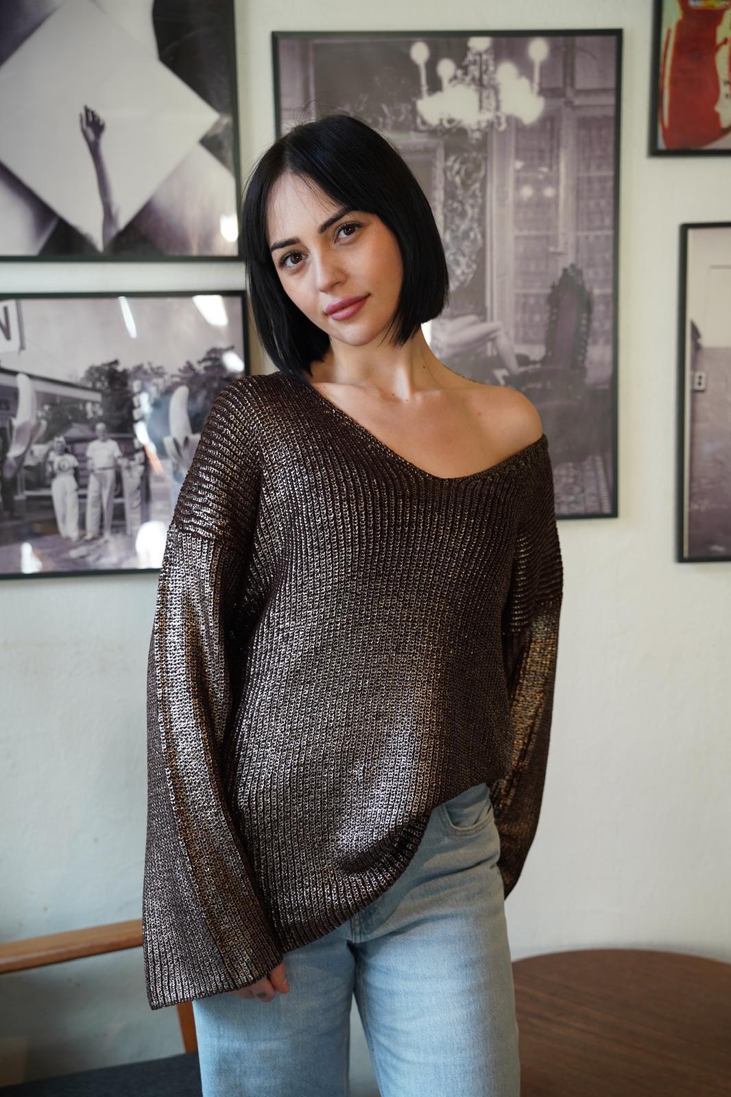 Kadın Triko Kazak Varak Kaplama Yeni Yıl Işıltılı V Yaka Parlak Uzun Kazak 3524