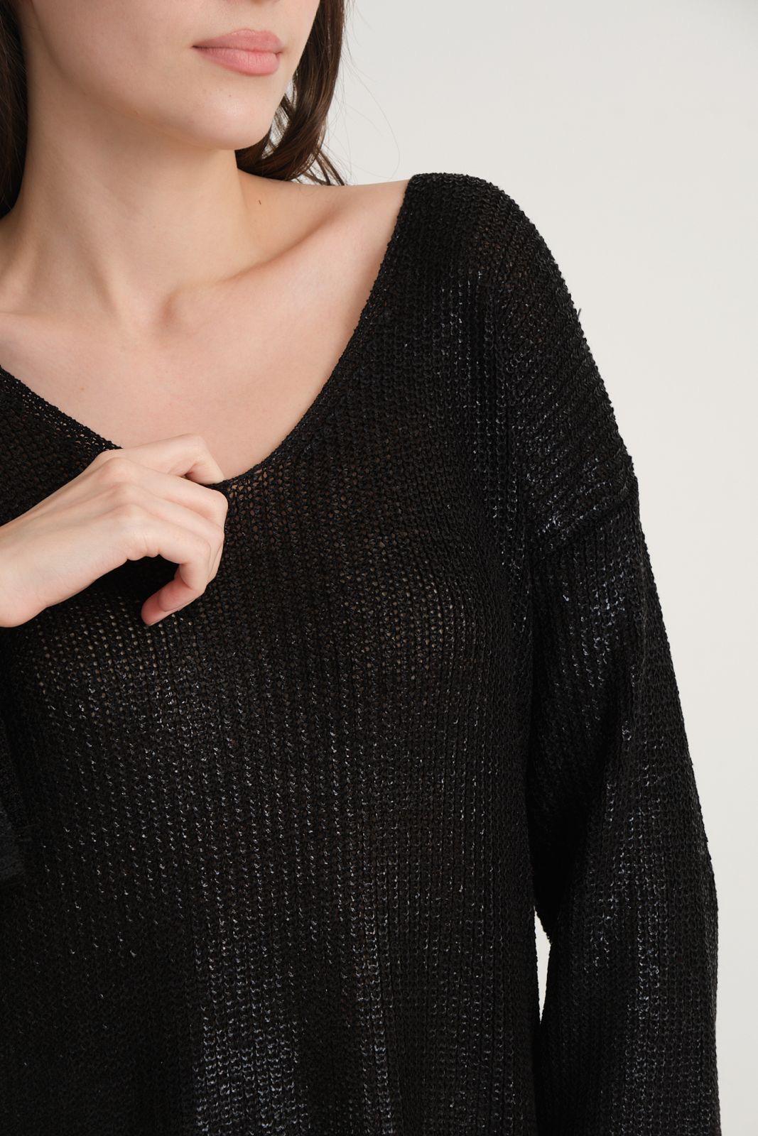 Kadın Triko Kazak Varak Kaplama Yeni Yıl Işıltılı V Yaka Parlak Uzun Kazak 3524