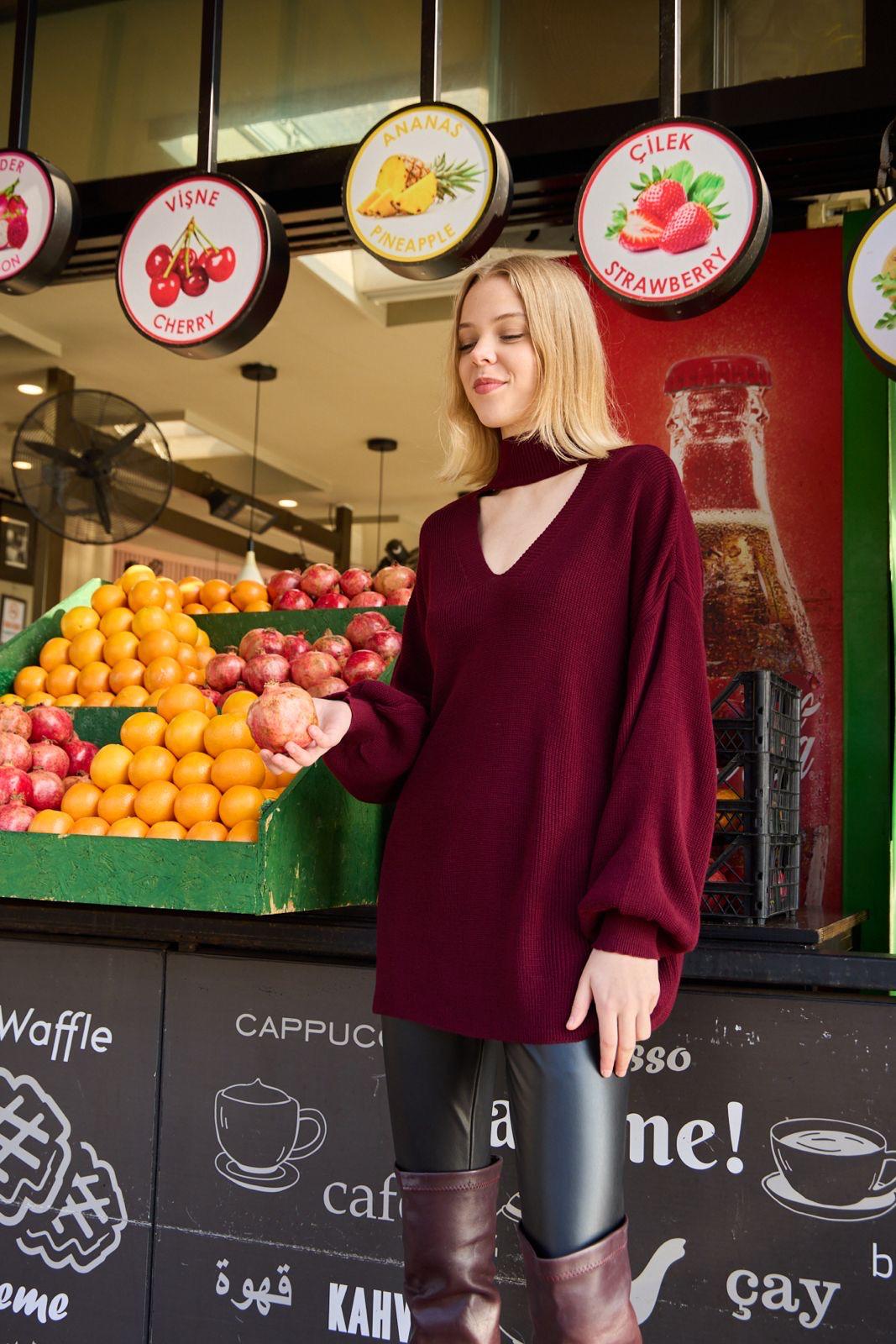 Kadın ön yaka V dik yaka salaş balon kol örme triko kazak 3552