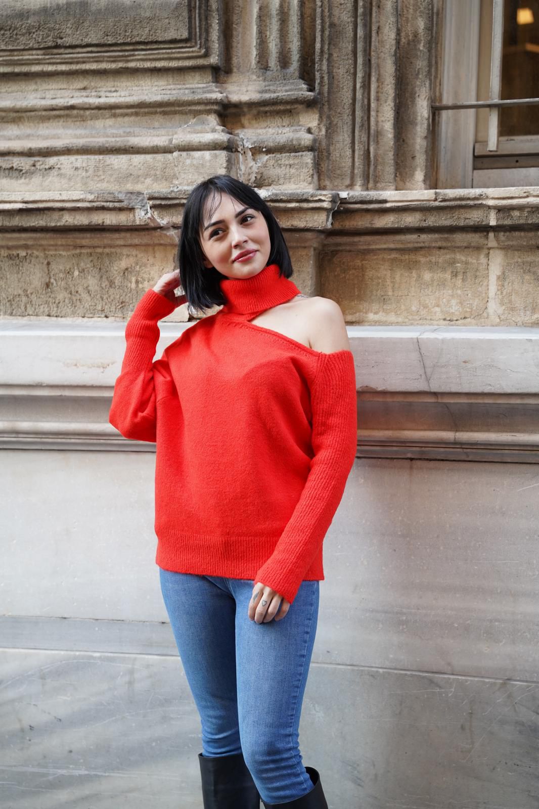 Kadın Triko Kazak Yumoş Omzu Açık Trend Yeni Yıl Kayak Rahat Kesim 6512