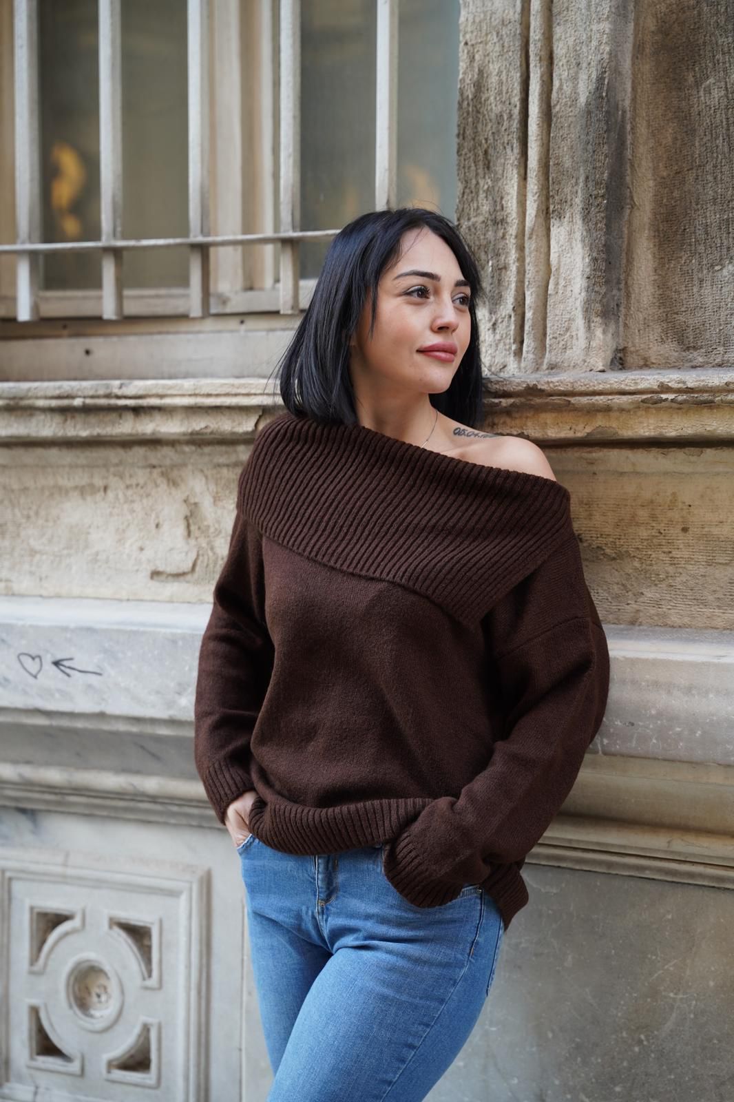 kadın yumoş kalın yumuşak omzu açık kazak 6518