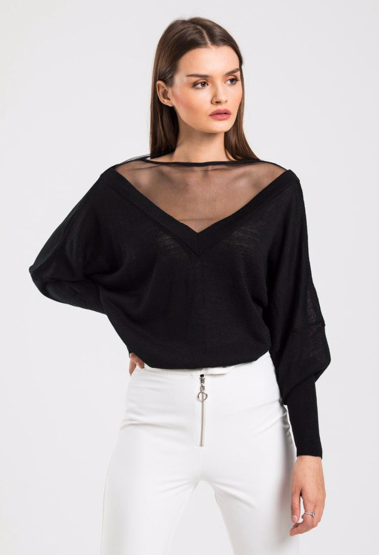 Yakası Tül Detaylı Ön Arka V Yaka Merserize Triko Kadın Kazak 8507