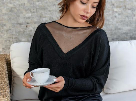 Yakası Tül Detaylı Ön Arka V Yaka Merserize Triko Kadın Kazak 8507